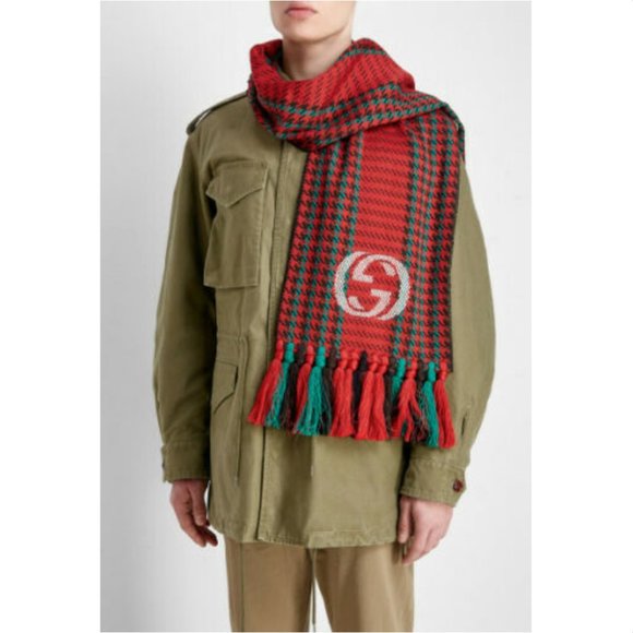 Gucci Interlocking GG Logo Red & Green Houndstooth Wool Tassel Scarf - Picture 12 of 12